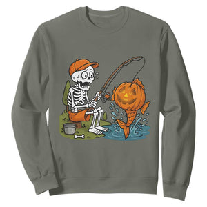Halloween Fishing Lover Sweatshirt Skeleton Humor Gift TS12 Military Green Print Your Wear