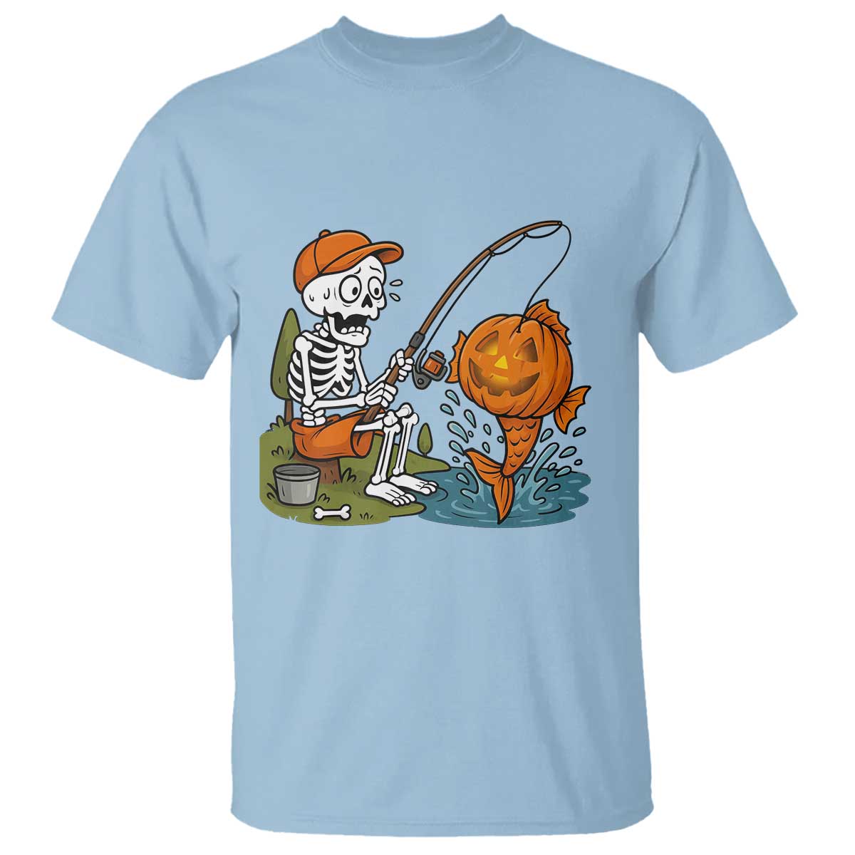 Halloween Fishing Lover T Shirt Skeleton Humor Gift TS12 Light Blue Print Your Wear