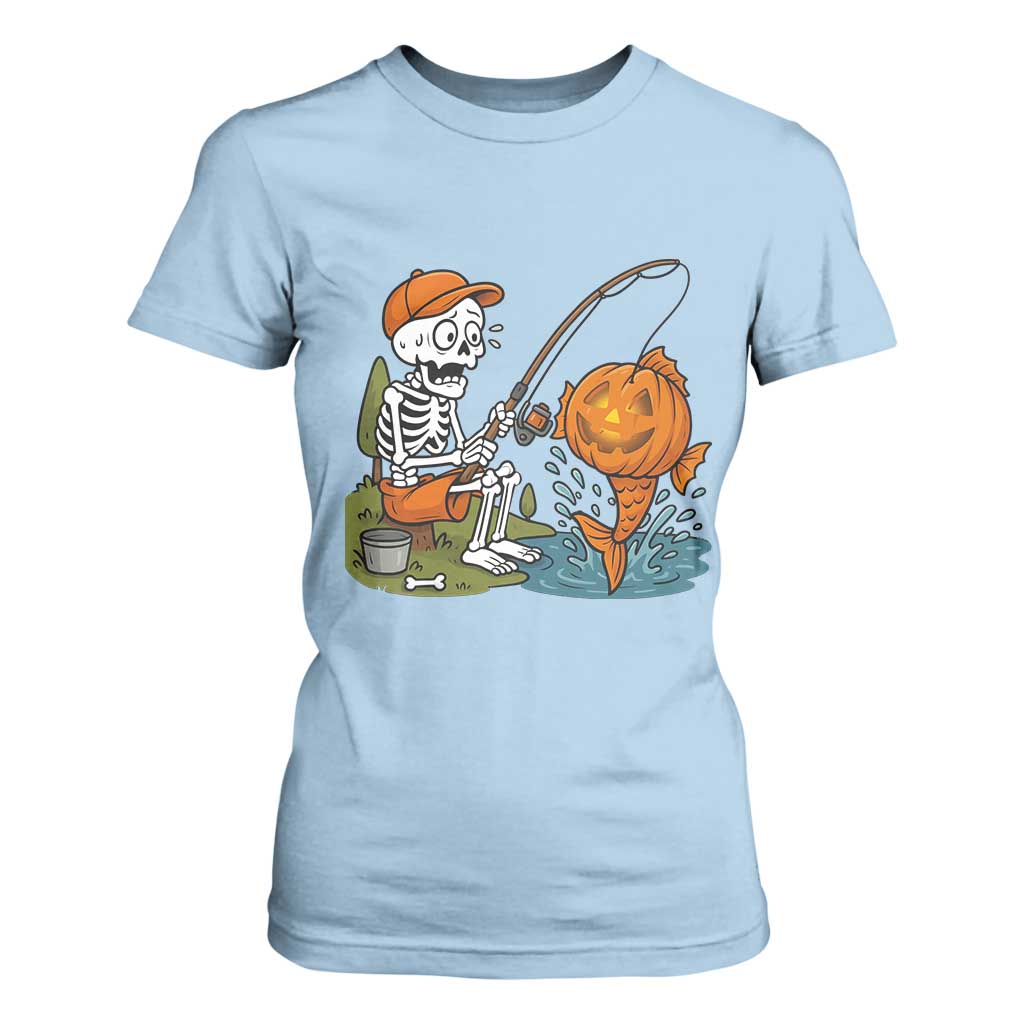 Halloween Fishing Lover T Shirt For Women Skeleton Humor Gift TS12 Light Blue Print Your Wear