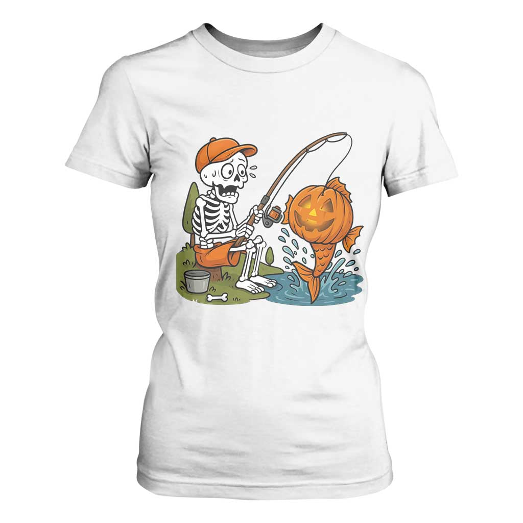 Halloween Fishing Lover T Shirt For Women Skeleton Humor Gift TS12 White Print Your Wear