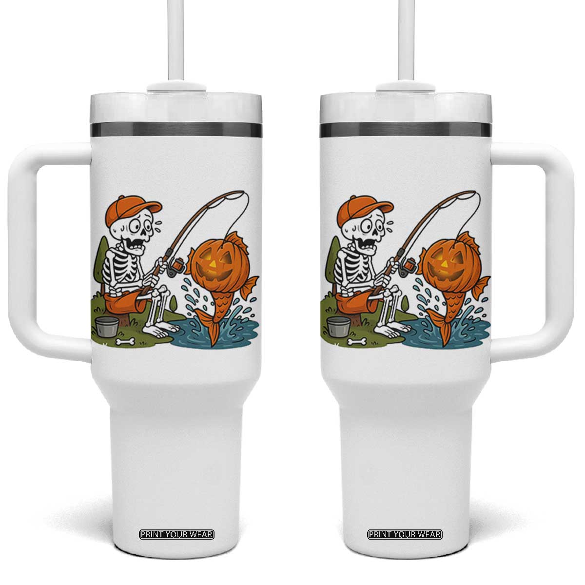 Halloween Fishing Lover Tumbler With Handle Skeleton Humor Gift TS12 One Size: 40 oz White Print Your Wear
