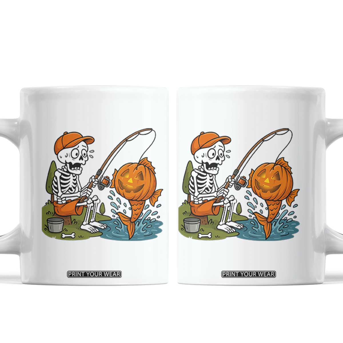 Halloween Fishing Lover Coffee Mug Skeleton Humor Gift TS12 White Print Your Wear