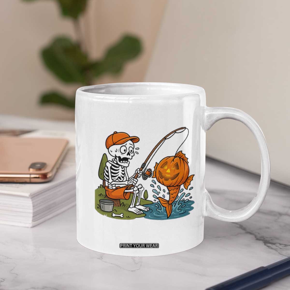 Halloween Fishing Lover Coffee Mug Skeleton Humor Gift TS12 Print Your Wear
