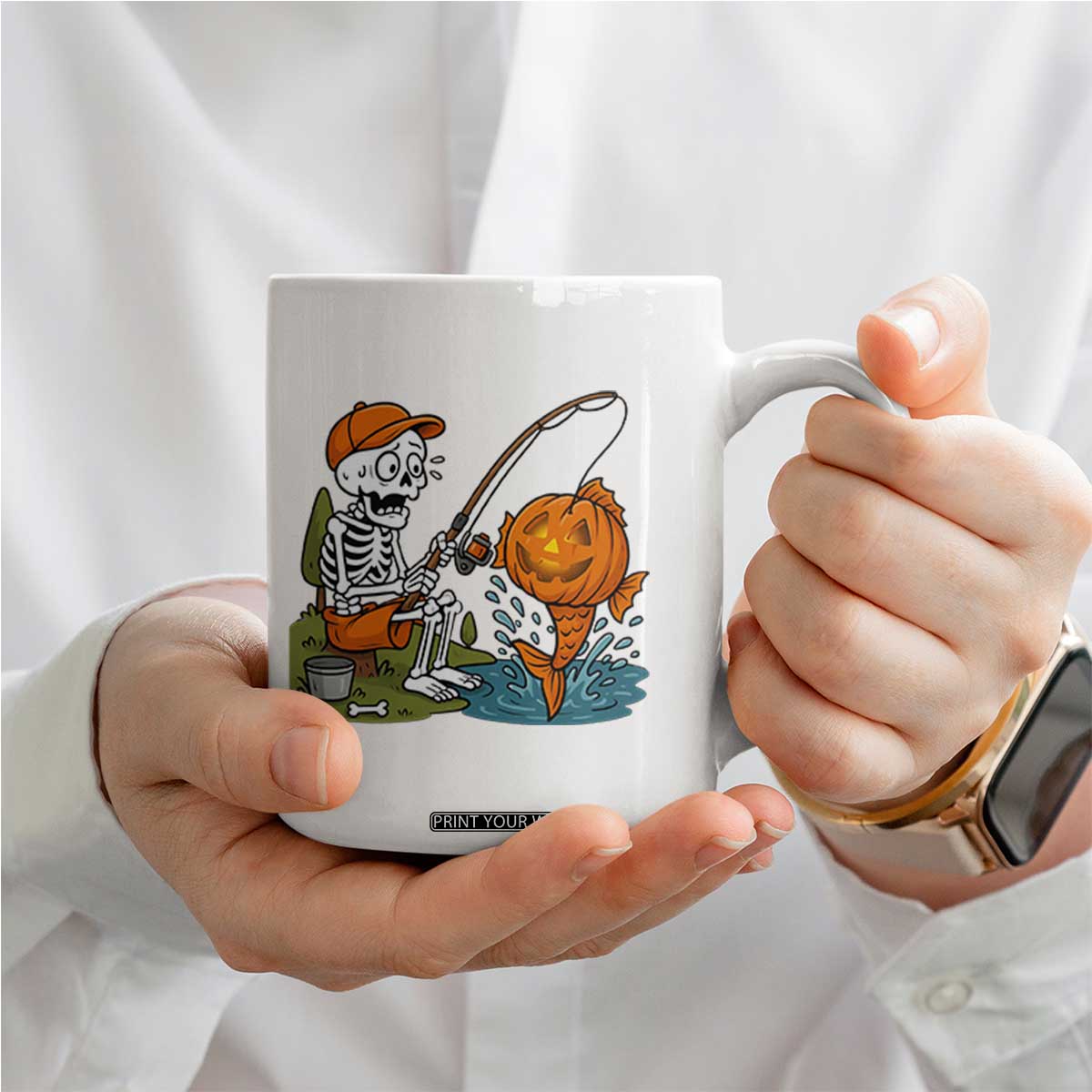 Halloween Fishing Lover Coffee Mug Skeleton Humor Gift TS12 Print Your Wear