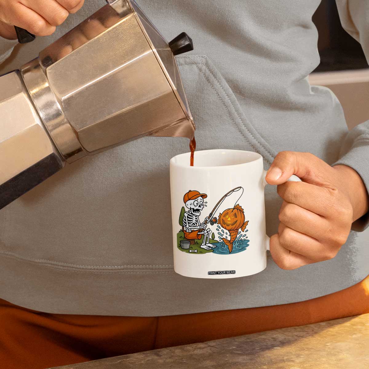 Halloween Fishing Lover Coffee Mug Skeleton Humor Gift TS12 Print Your Wear