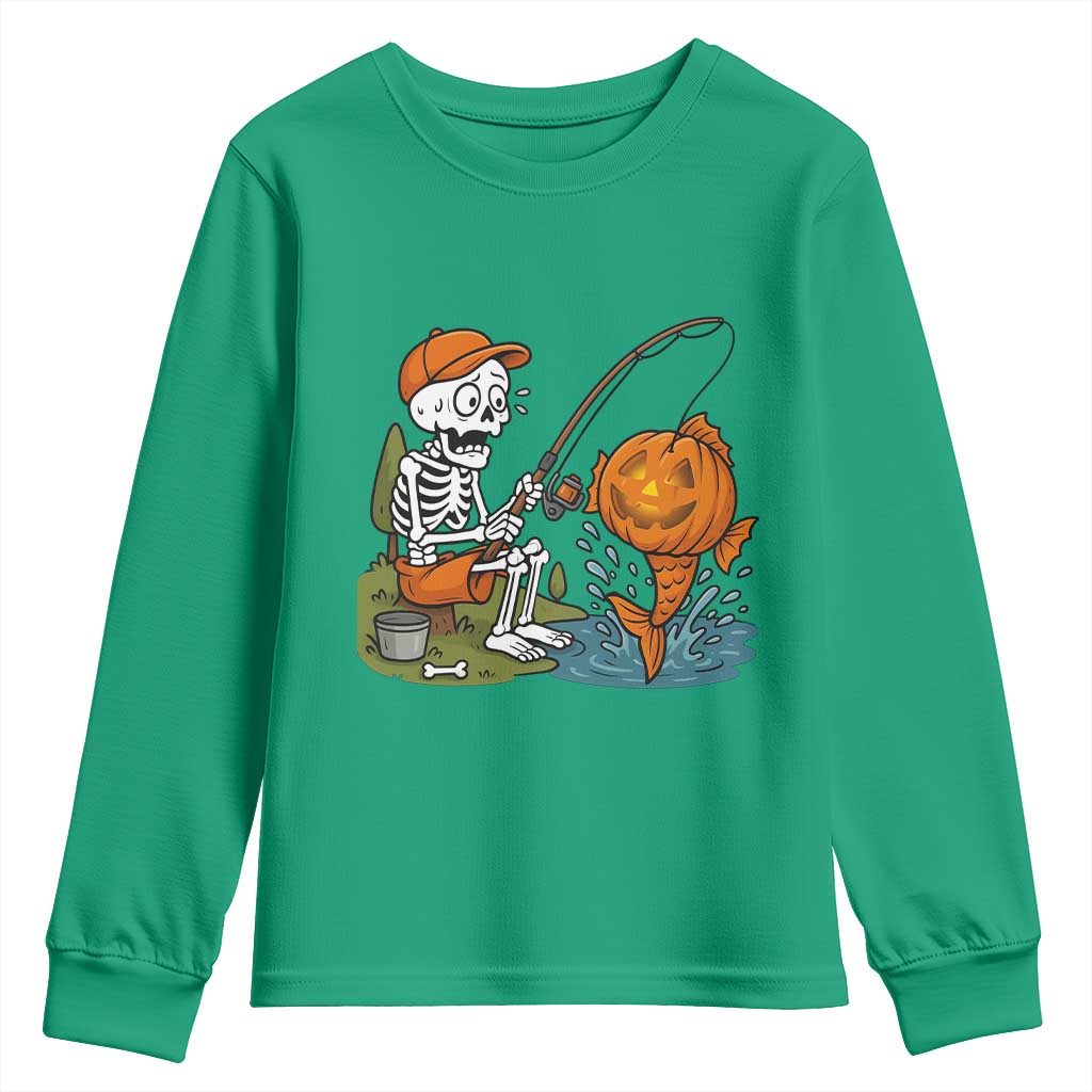 Halloween Fishing Lover Youth Sweatshirt Skeleton Humor Gift TS12 Irish Green Print Your Wear