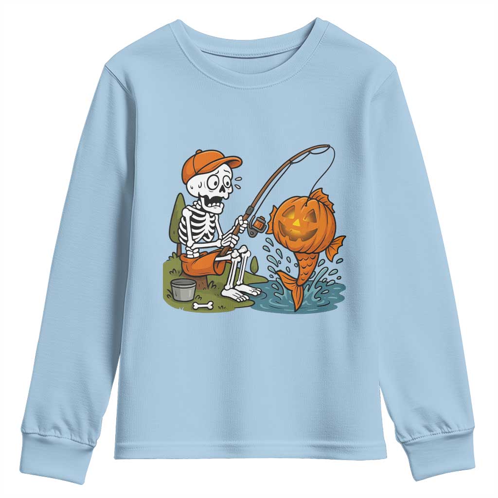 Halloween Fishing Lover Youth Sweatshirt Skeleton Humor Gift TS12 Light Blue Print Your Wear