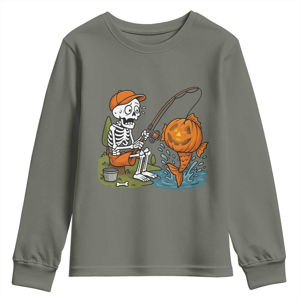 Halloween Fishing Lover Youth Sweatshirt Skeleton Humor Gift TS12 Military Green Print Your Wear