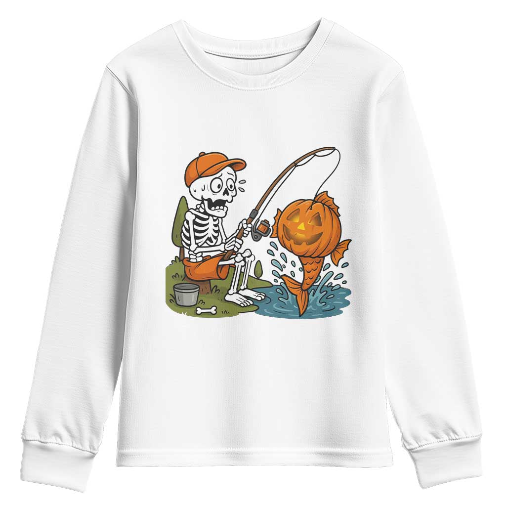Halloween Fishing Lover Youth Sweatshirt Skeleton Humor Gift TS12 White Print Your Wear