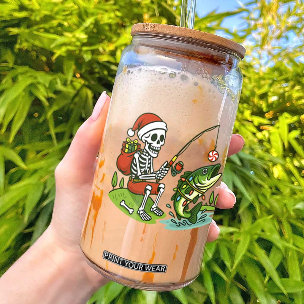 Christmas Skeleton Fishing Glass Can Funny Holiday Gift TS12 White Print Your Wear