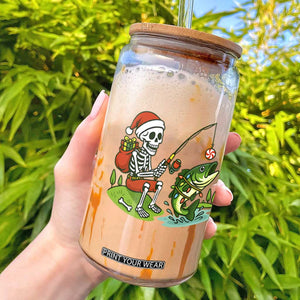 Christmas Skeleton Fishing Glass Can Funny Holiday Gift TS12 White Print Your Wear