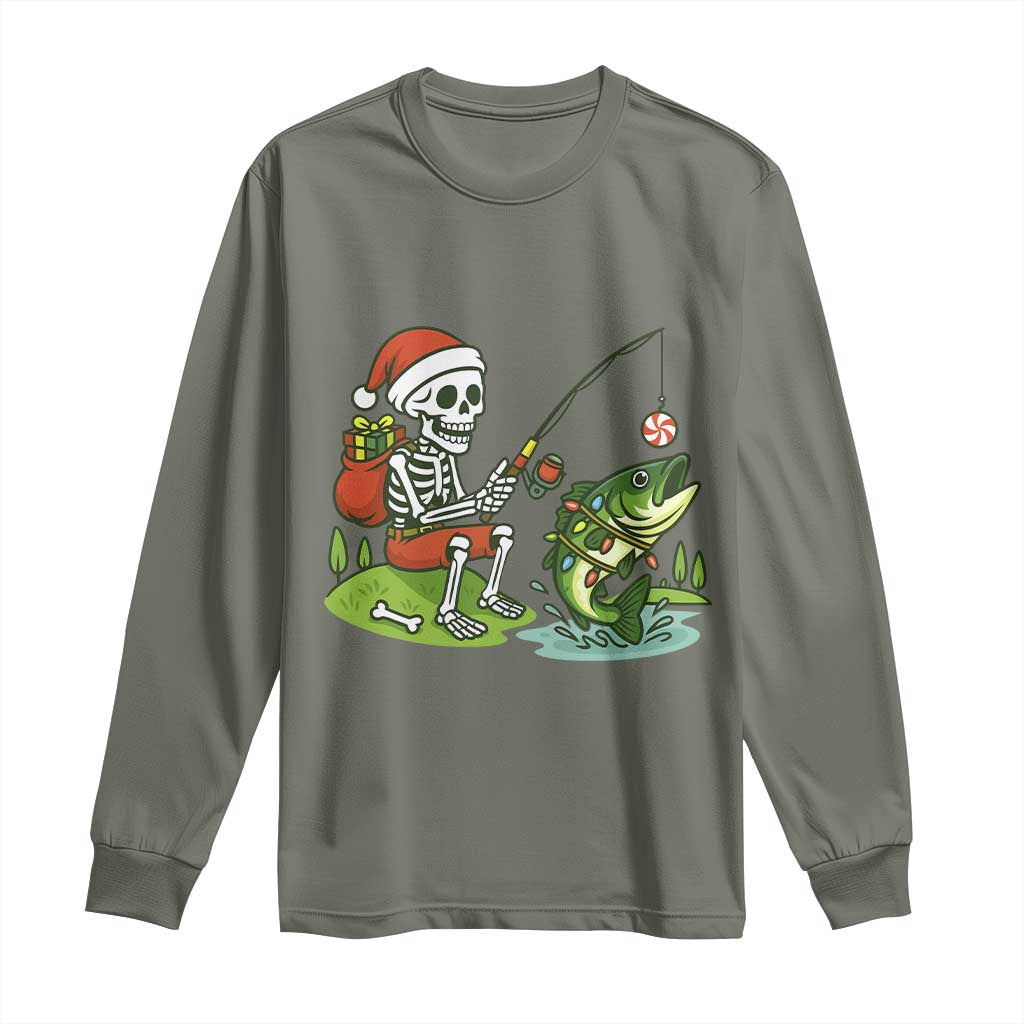 Christmas Skeleton Fishing Long Sleeve Shirt Funny Holiday Gift TS12 Military Green Print Your Wear