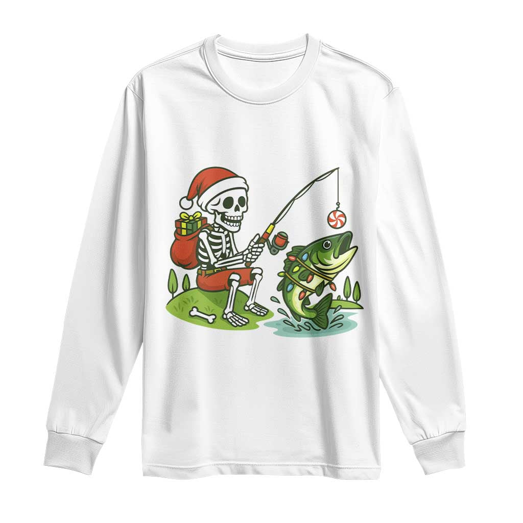 Christmas Skeleton Fishing Long Sleeve Shirt Funny Holiday Gift TS12 White Print Your Wear