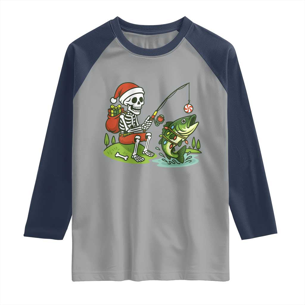 Christmas Skeleton Fishing Raglan Shirt Funny Holiday Gift TS12 Sport Gray Navy Print Your Wear
