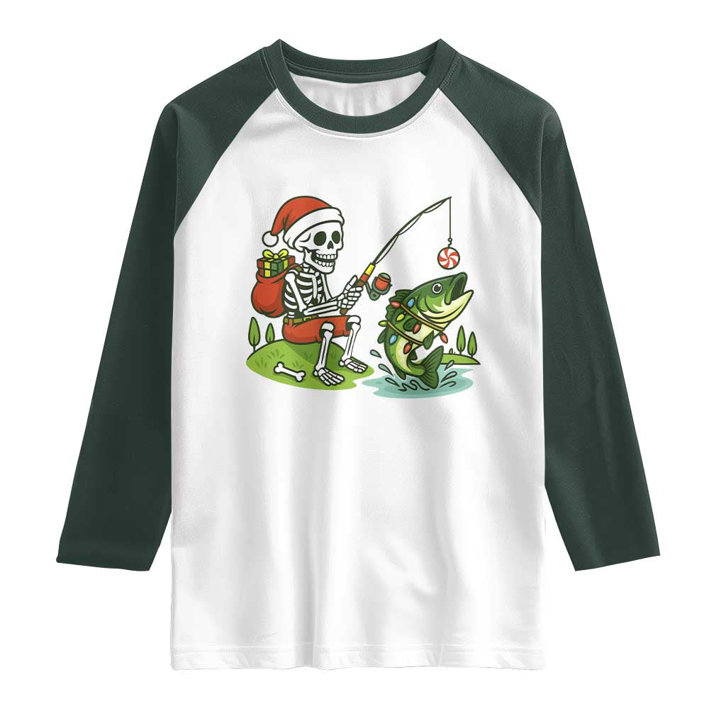 Christmas Skeleton Fishing Raglan Shirt Funny Holiday Gift TS12 White Dark Forest Green Print Your Wear