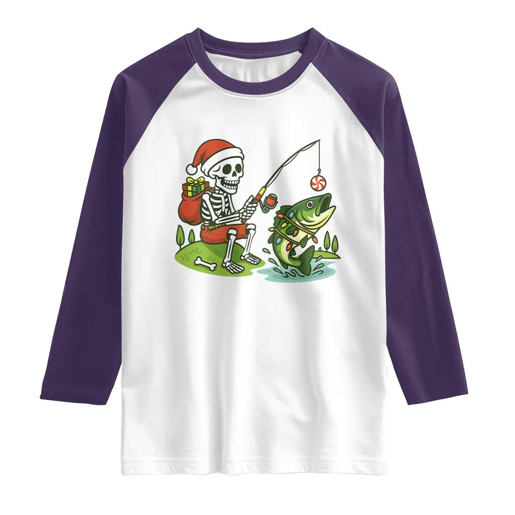 Christmas Skeleton Fishing Raglan Shirt Funny Holiday Gift TS12 White Purple Print Your Wear