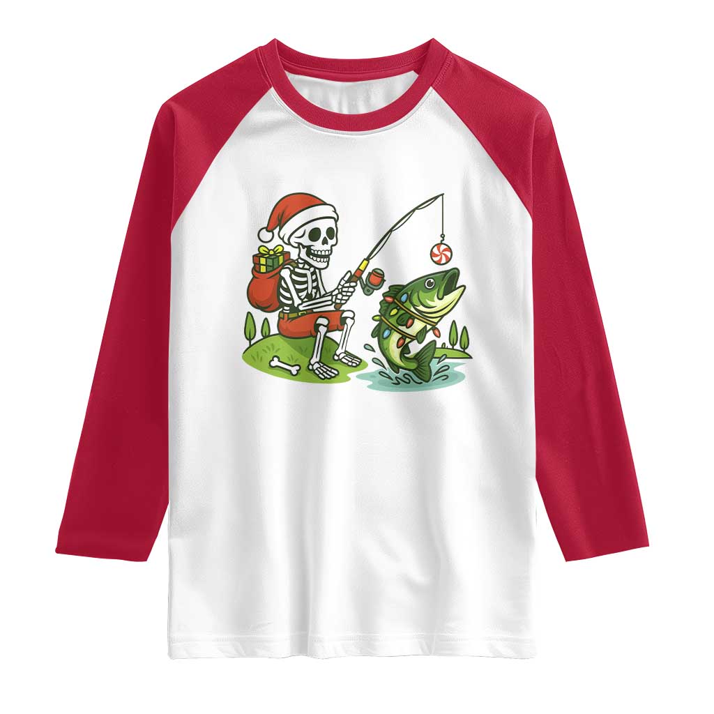 Christmas Skeleton Fishing Raglan Shirt Funny Holiday Gift TS12 White Red Print Your Wear
