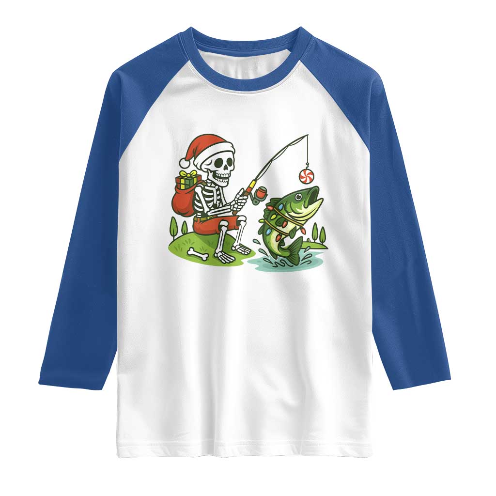 Christmas Skeleton Fishing Raglan Shirt Funny Holiday Gift TS12 White Royal Print Your Wear