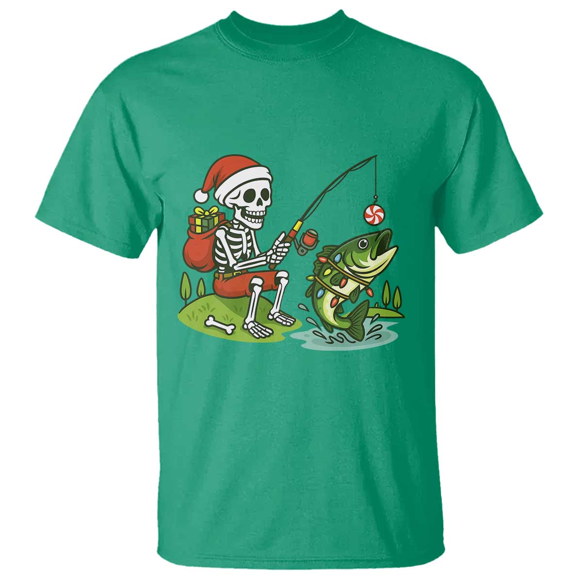 Christmas Skeleton Fishing T Shirt Funny Holiday Gift TS12 Irish Green Print Your Wear