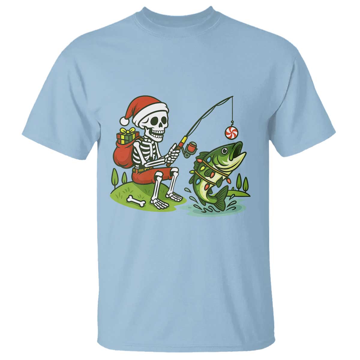 Christmas Skeleton Fishing T Shirt Funny Holiday Gift TS12 Light Blue Print Your Wear