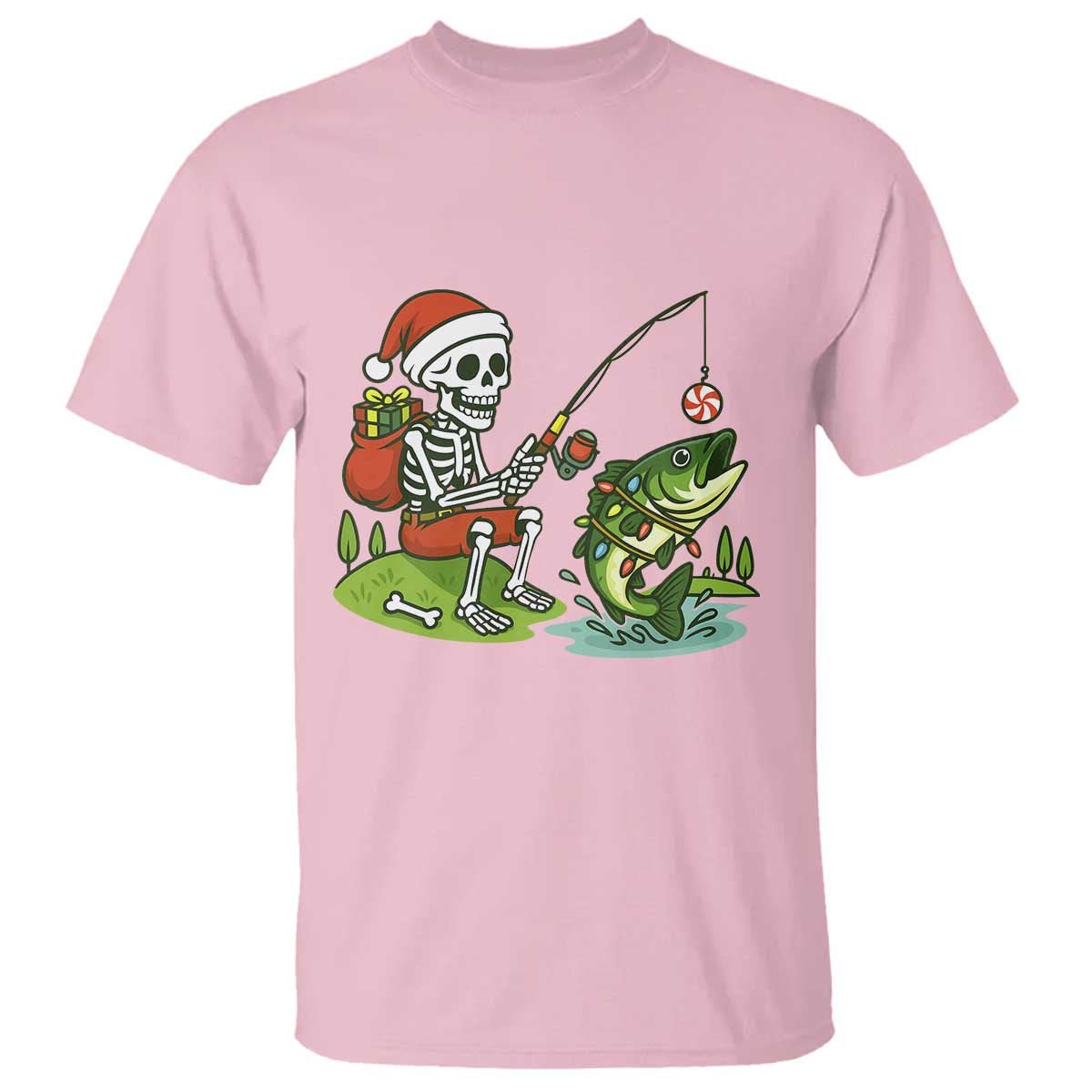 Christmas Skeleton Fishing T Shirt Funny Holiday Gift TS12 Light Pink Print Your Wear