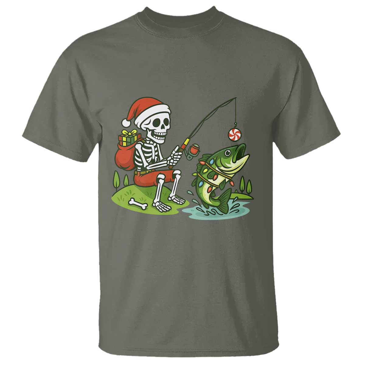 Christmas Skeleton Fishing T Shirt Funny Holiday Gift TS12 Military Green Print Your Wear