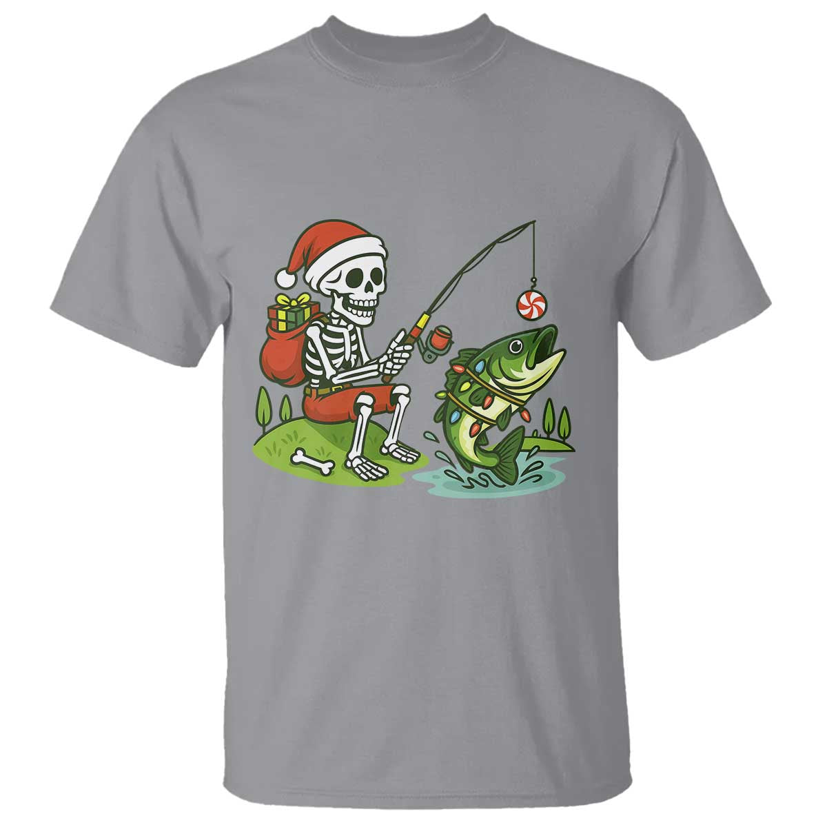 Christmas Skeleton Fishing T Shirt Funny Holiday Gift TS12 Sport Gray Print Your Wear