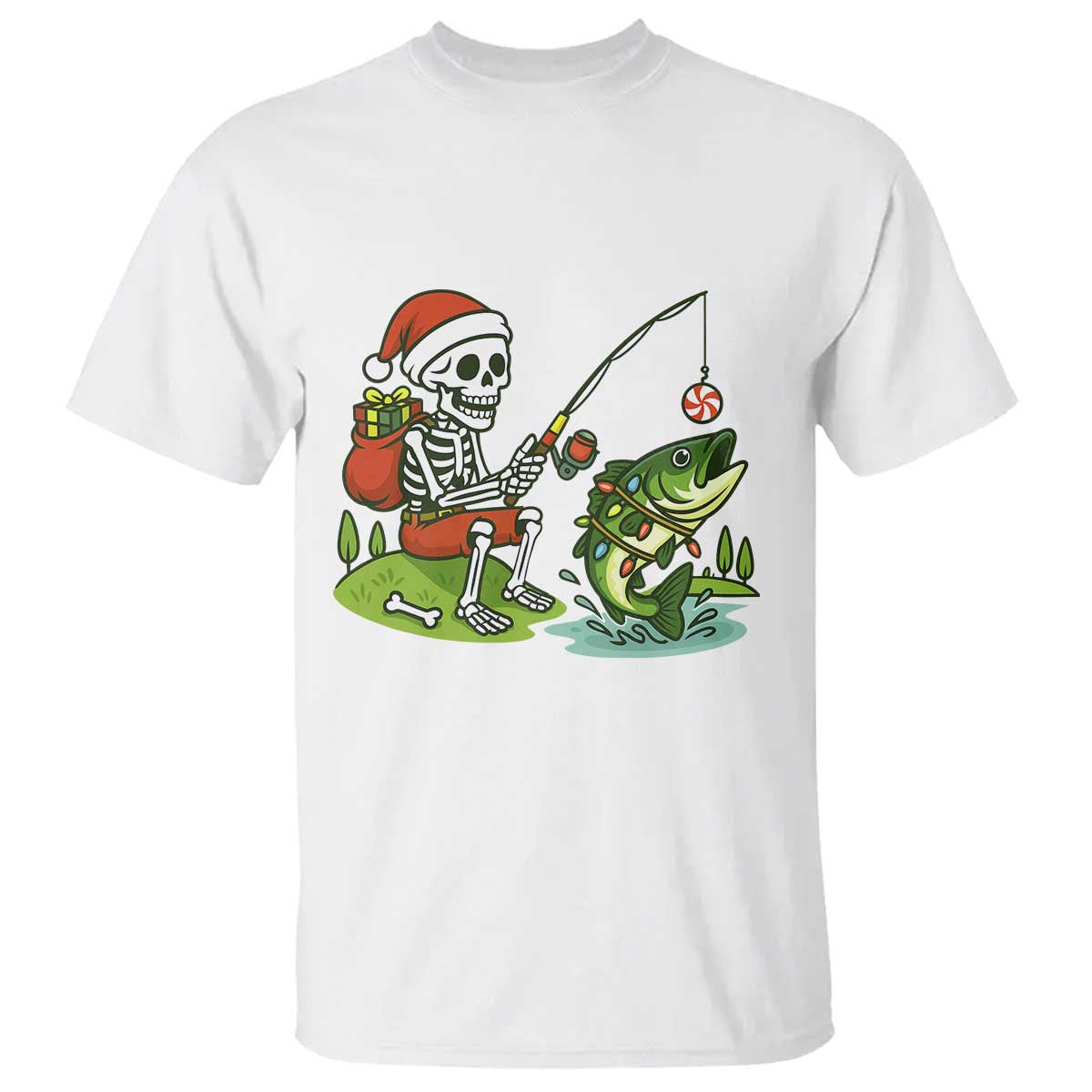 Christmas Skeleton Fishing T Shirt Funny Holiday Gift TS12 White Print Your Wear