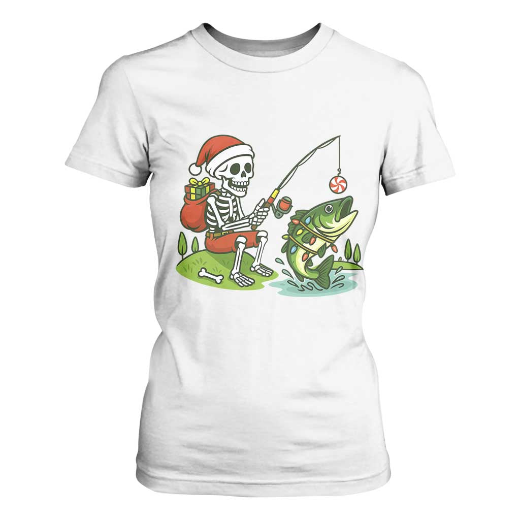 Christmas Skeleton Fishing T Shirt For Women Funny Holiday Gift TS12 White Print Your Wear