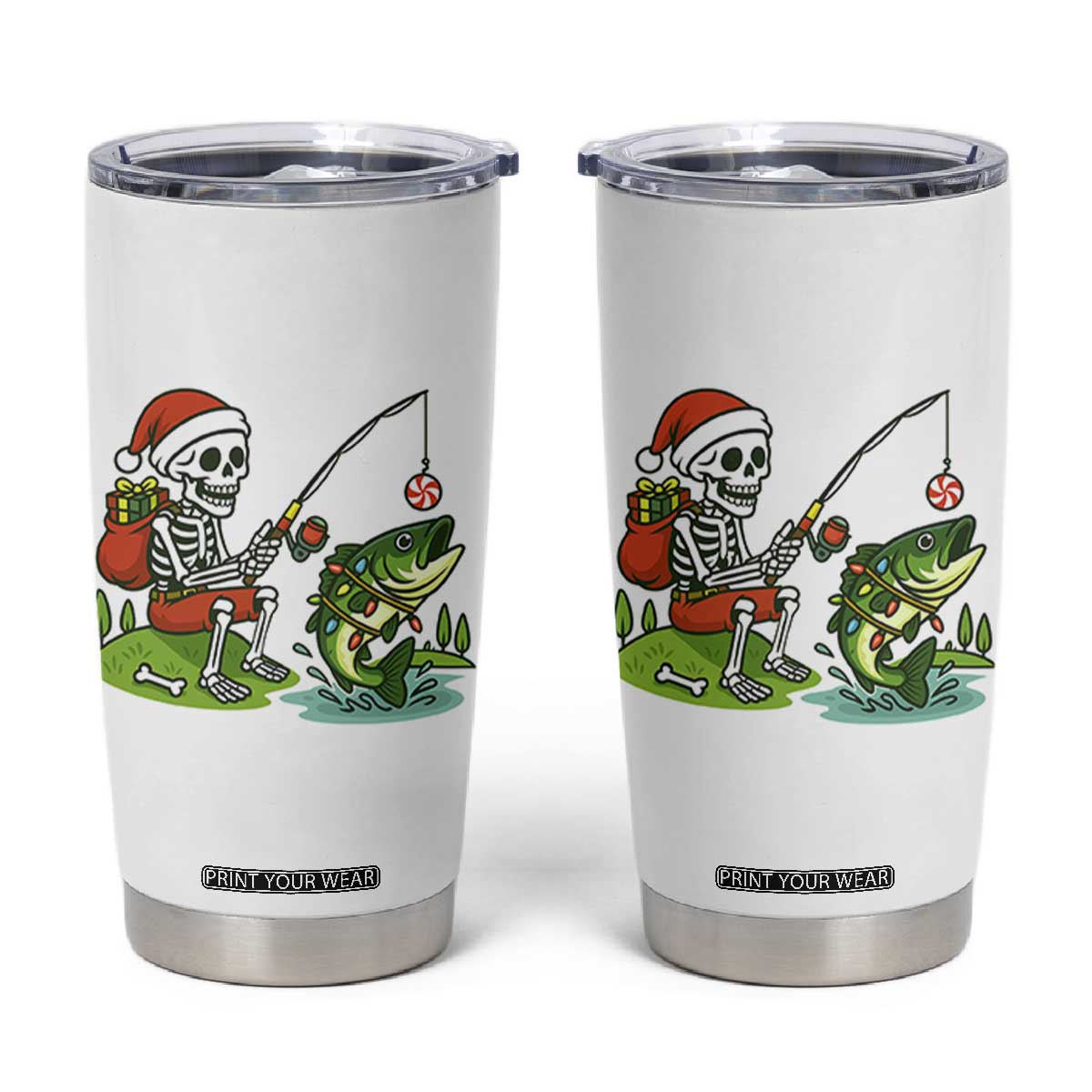 Christmas Skeleton Fishing Tumbler Cup Funny Holiday Gift TS12 White Print Your Wear