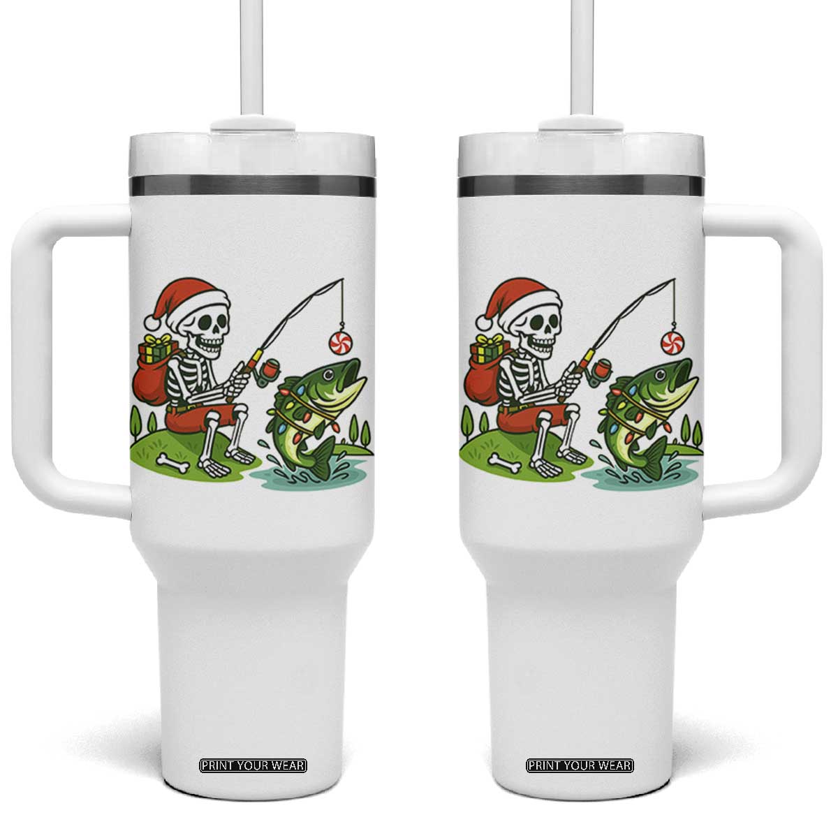 Christmas Skeleton Fishing Tumbler With Handle Funny Holiday Gift TS12 One Size: 40 oz White Print Your Wear