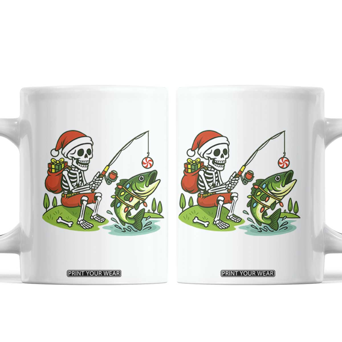 Christmas Skeleton Fishing Coffee Mug Funny Holiday Gift TS12 White Print Your Wear
