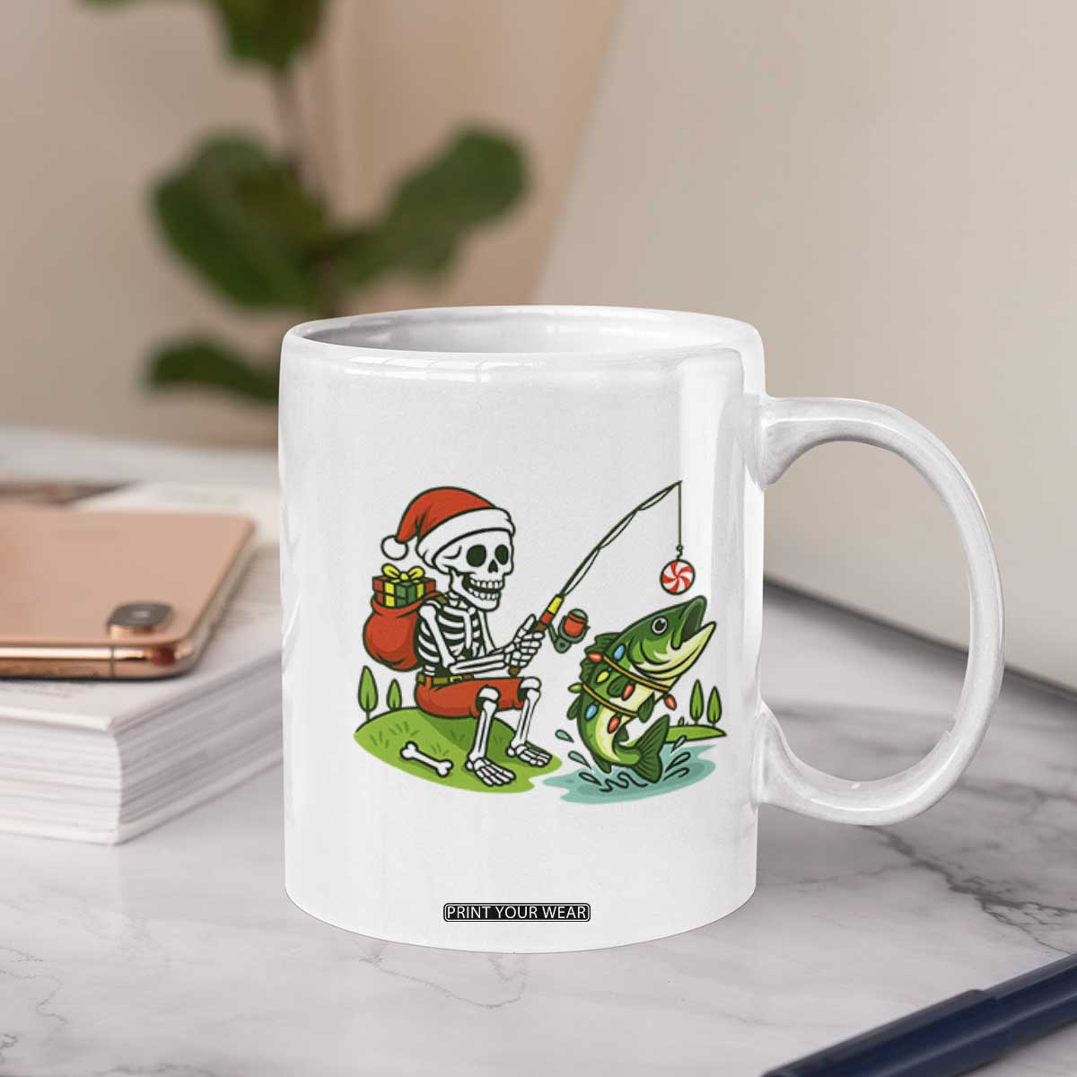 Christmas Skeleton Fishing Coffee Mug Funny Holiday Gift TS12 Print Your Wear