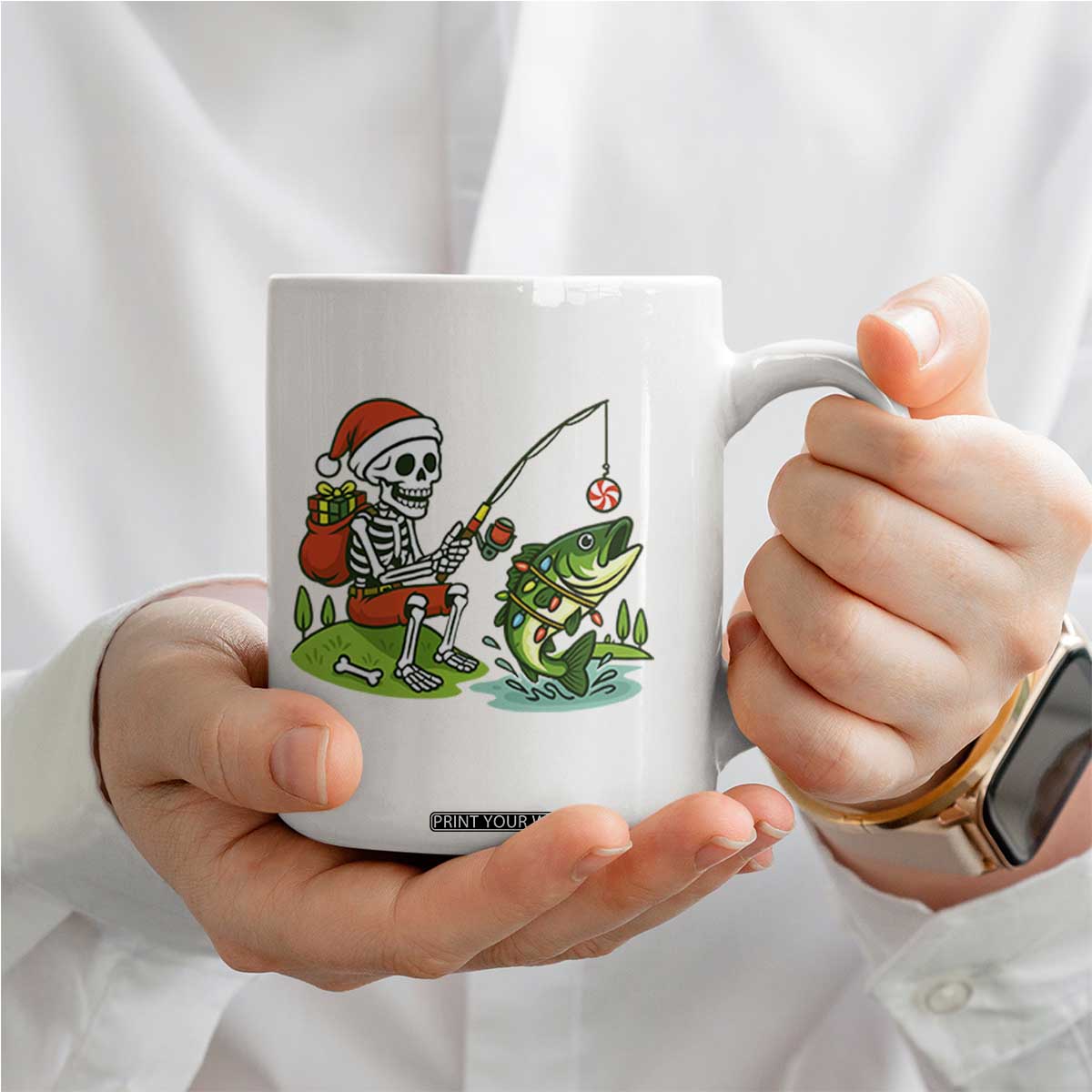 Christmas Skeleton Fishing Coffee Mug Funny Holiday Gift TS12 Print Your Wear