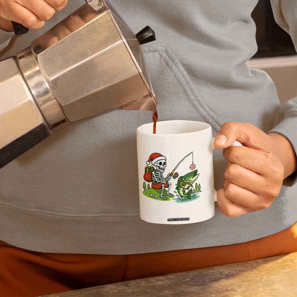 Christmas Skeleton Fishing Coffee Mug Funny Holiday Gift TS12 Print Your Wear