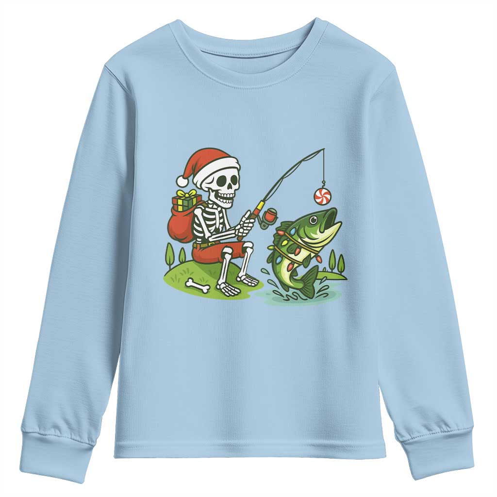 Christmas Skeleton Fishing Youth Sweatshirt Funny Holiday Gift TS12 Light Blue Print Your Wear
