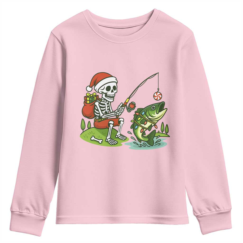 Christmas Skeleton Fishing Youth Sweatshirt Funny Holiday Gift TS12 Light Pink Print Your Wear
