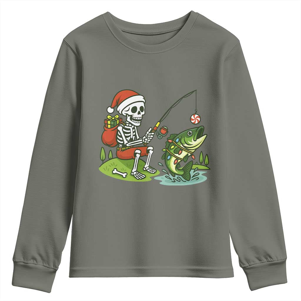 Christmas Skeleton Fishing Youth Sweatshirt Funny Holiday Gift TS12 Military Green Print Your Wear
