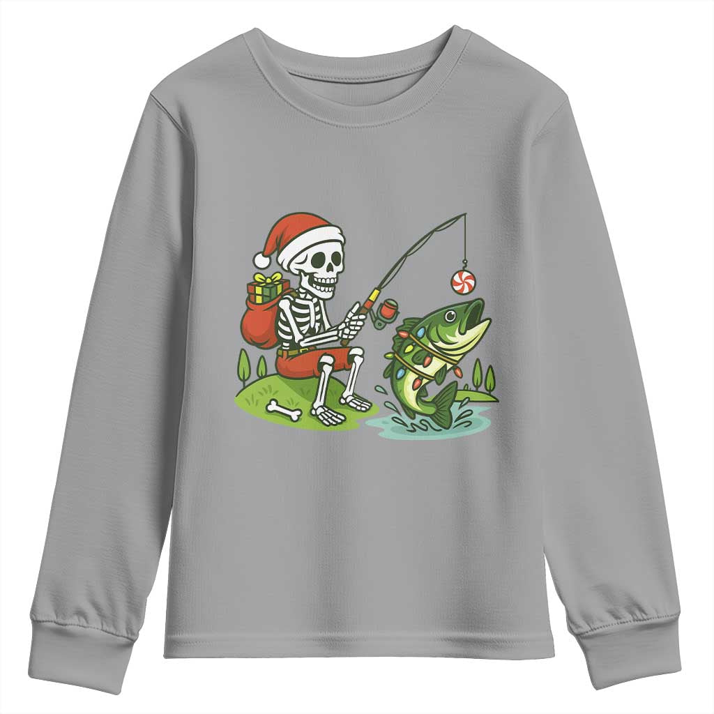 Christmas Skeleton Fishing Youth Sweatshirt Funny Holiday Gift TS12 Sport Gray Print Your Wear