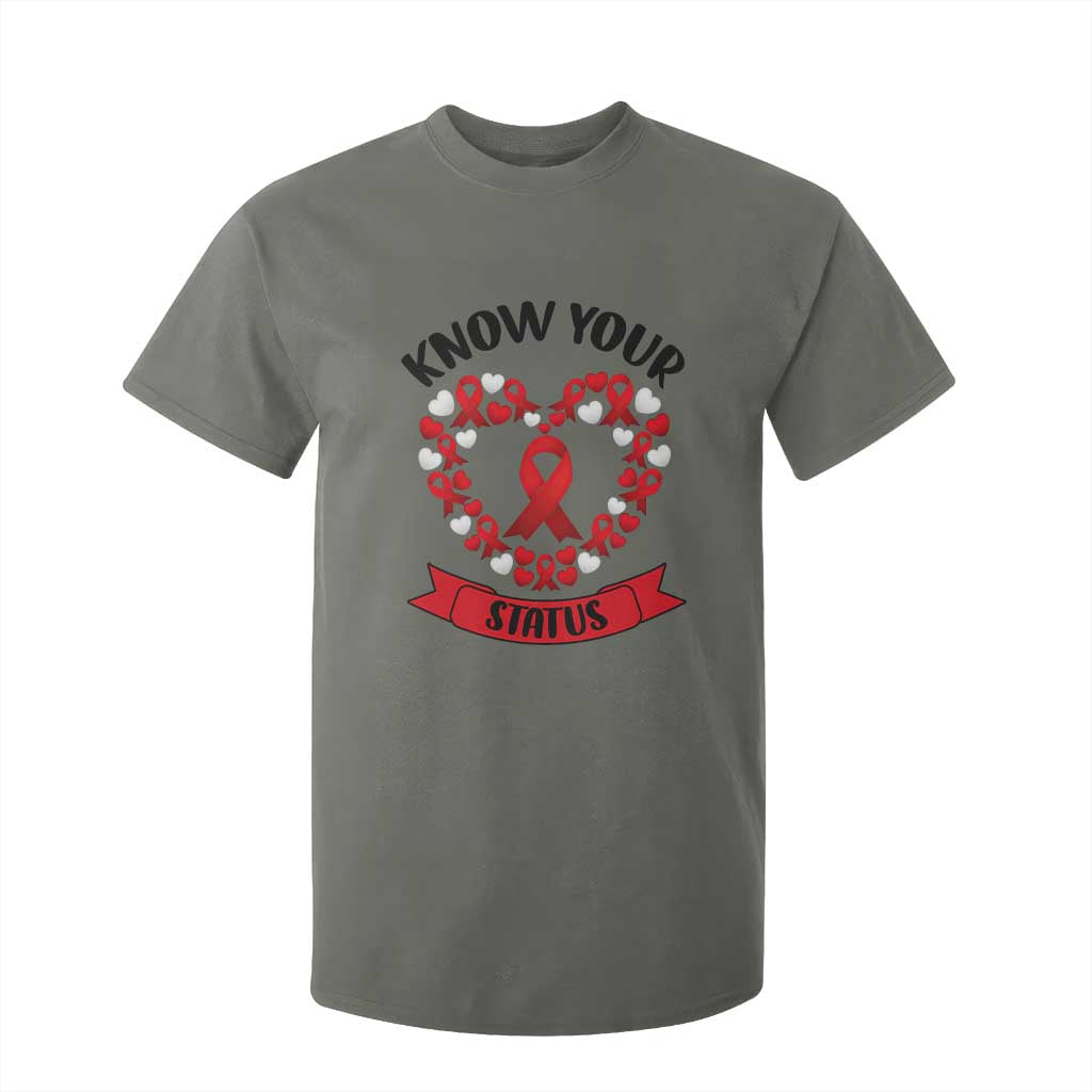 Know Your Status Red Ribbon HIV AIDS Awareness Support Month Gift T Shirt For Kid TS12 Military Green Print Your Wear