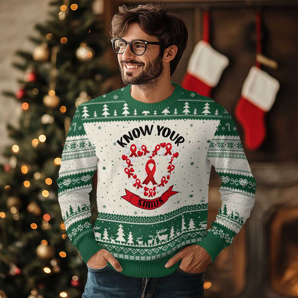 Know Your Status Red Ribbon HIV AIDS Awareness Support Month Gift Ugly Christmas Sweater TS12 Beige Green Print Your Wear