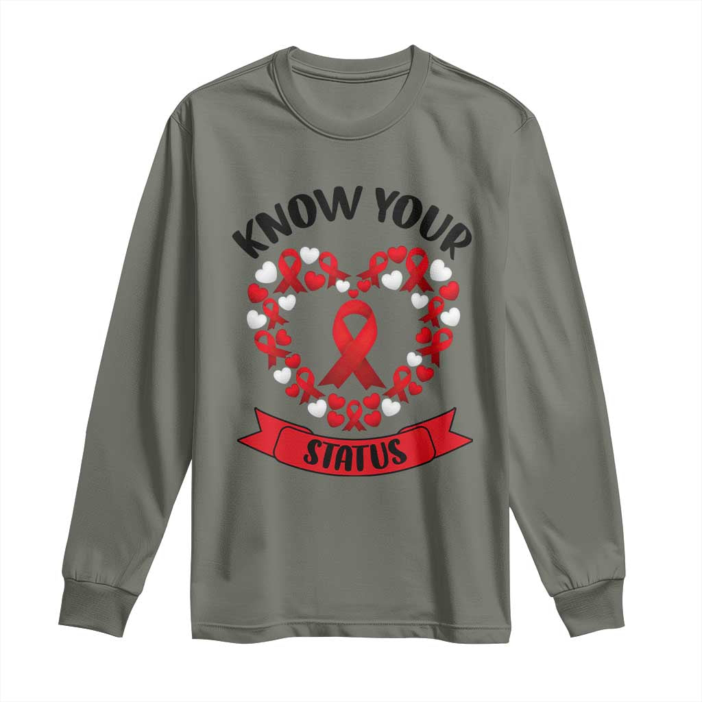 Know Your Status Red Ribbon HIV AIDS Awareness Support Month Gift Long Sleeve Shirt TS12 Military Green Print Your Wear