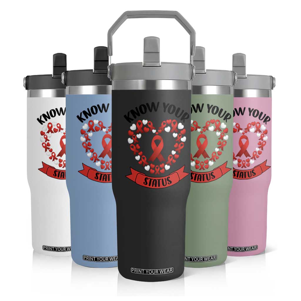 Know Your Status Red Ribbon HIV AIDS Awareness Support Month Gift Flip Straw Tumbler TS12 Print Your Wear