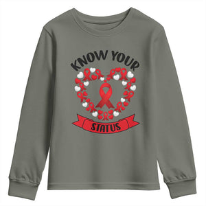 Know Your Status Red Ribbon HIV AIDS Awareness Support Month Gift Youth Sweatshirt TS12 Military Green Print Your Wear