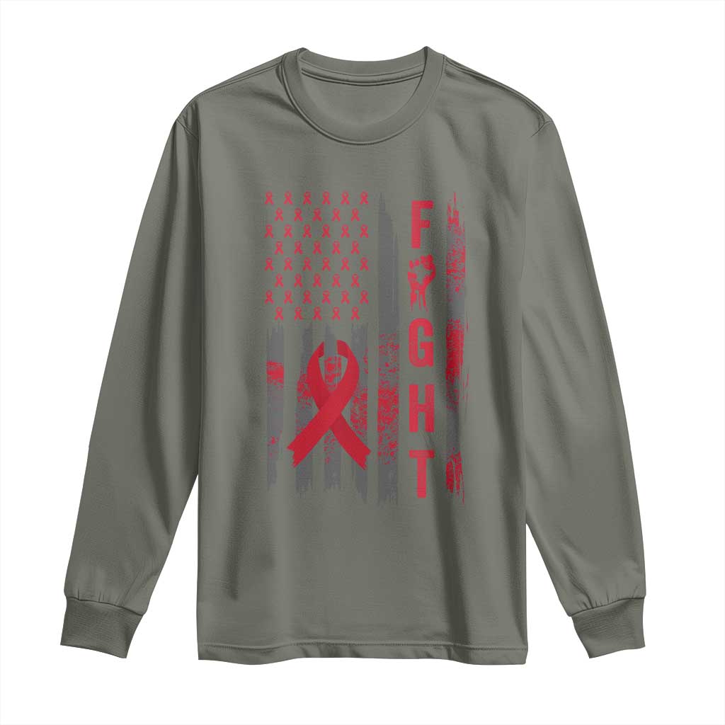 Fight For A Cure HIV AIDS Awareness Long Sleeve Shirt Patriotic Red Ribbon Gift TS12 Military Green Print Your Wear