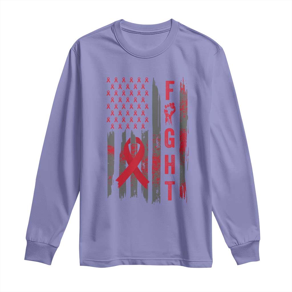 Fight For A Cure HIV AIDS Awareness Long Sleeve Shirt Patriotic Red Ribbon Gift TS12 Violet Print Your Wear