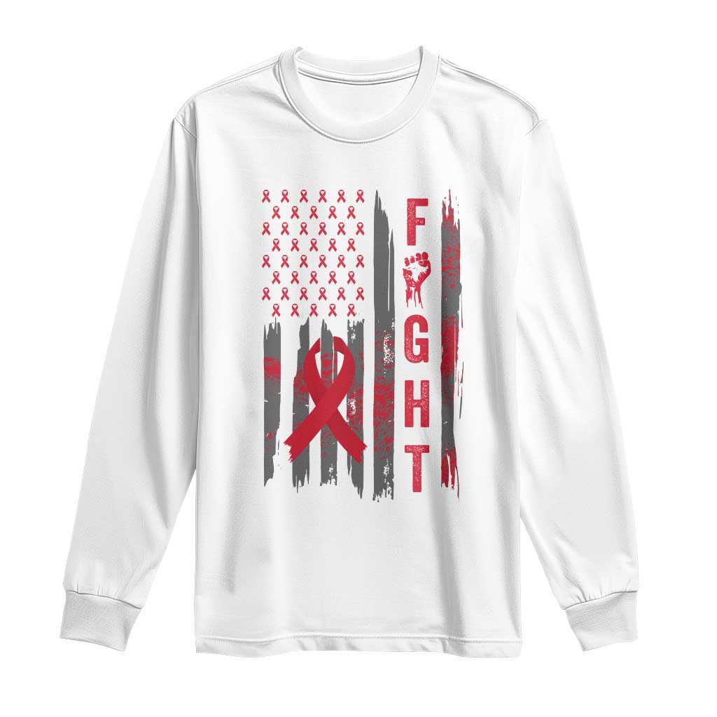 Fight For A Cure HIV AIDS Awareness Long Sleeve Shirt Patriotic Red Ribbon Gift TS12 White Print Your Wear