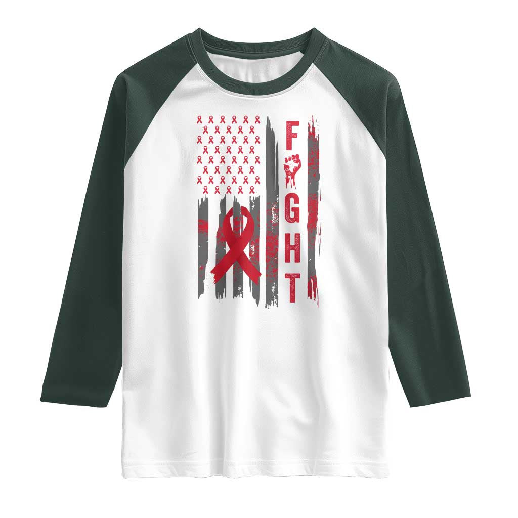 Fight For A Cure HIV AIDS Awareness Raglan Shirt Patriotic Red Ribbon Gift TS12 White Dark Forest Green Print Your Wear