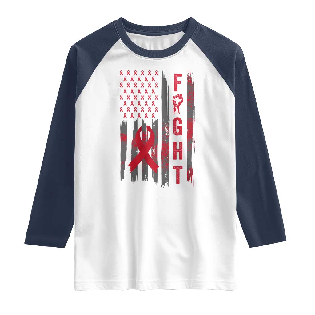 Fight For A Cure HIV AIDS Awareness Raglan Shirt Patriotic Red Ribbon Gift TS12 White Navy Print Your Wear