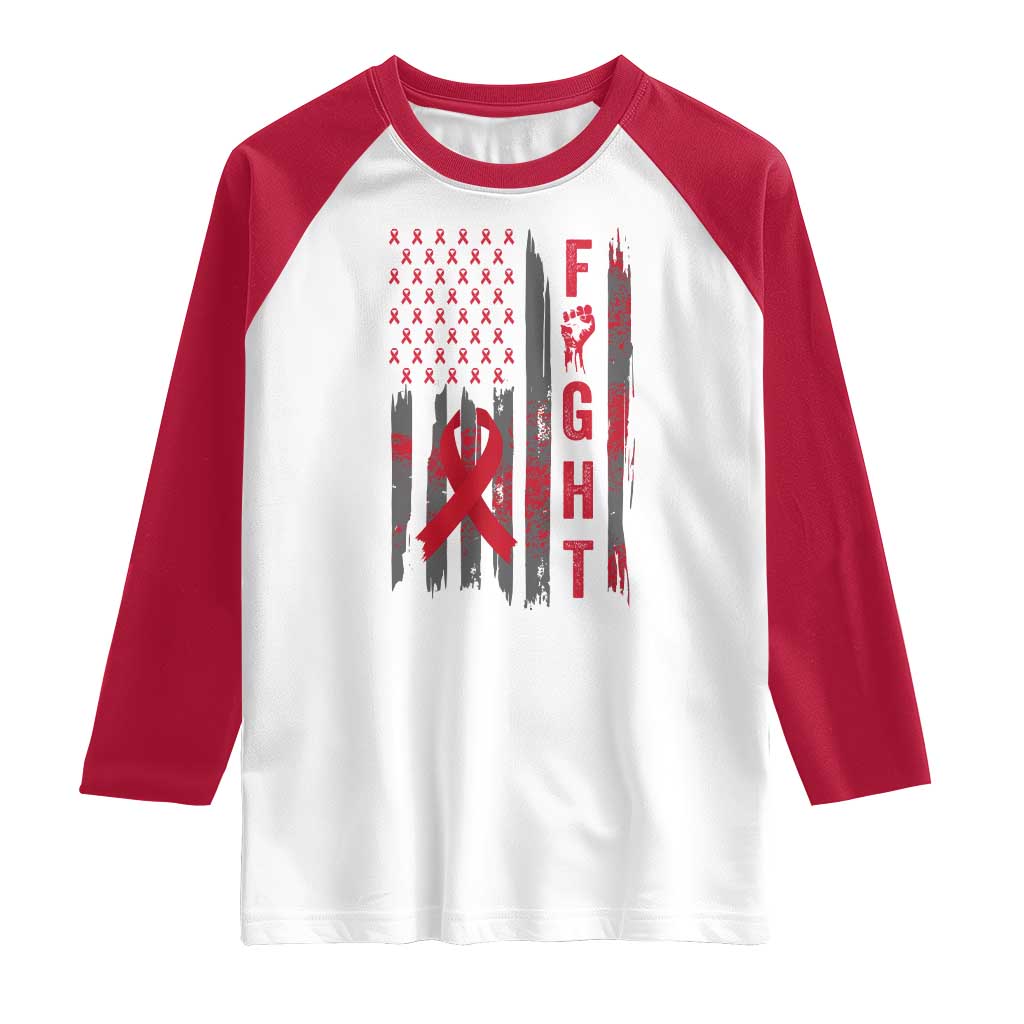 Fight For A Cure HIV AIDS Awareness Raglan Shirt Patriotic Red Ribbon Gift TS12 White Red Print Your Wear